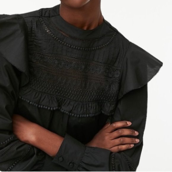 ❤️ J. CREW BLACK PEASANT BLOUSE TOP HIGH NECK CROCHET BALLOON SLEEVES BOHO SHIRT - Picture 2 of 12
